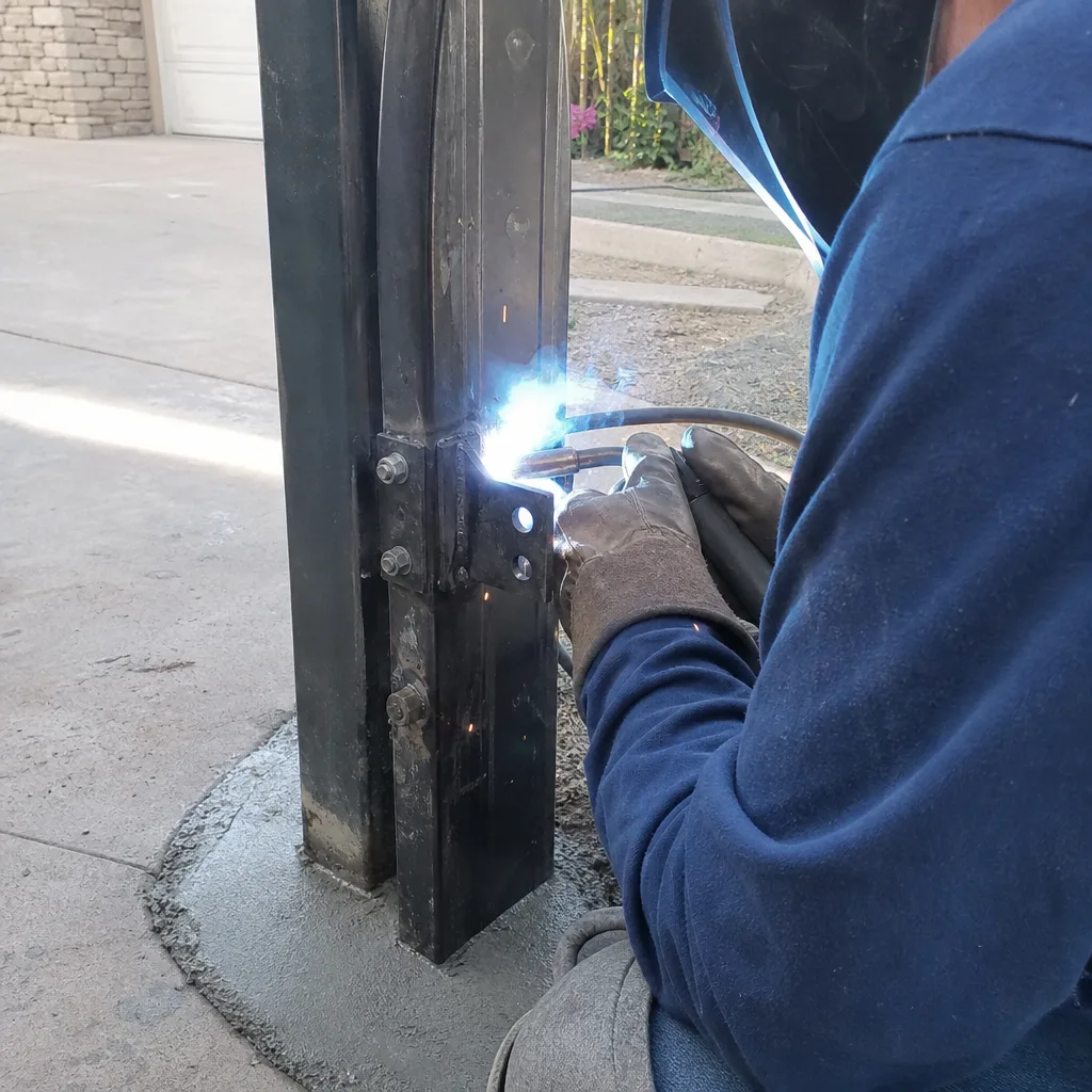Professional welder performing metal gate installation and repair service