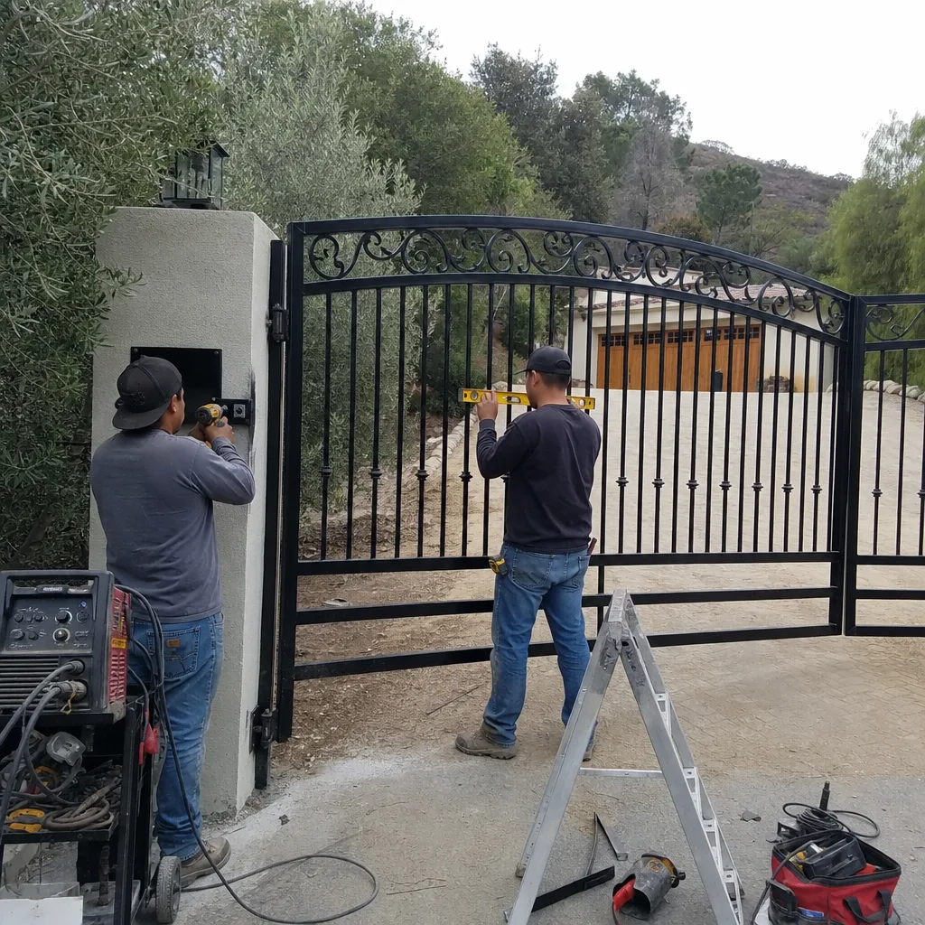 Two technicians installing and leveling a black wrought iron driveway gate